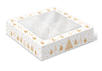 Коробка с окном 4 макаронс/моти/конфеты Золотые елочки, 126х126х35 мм (крышка-дно) — изображение 4